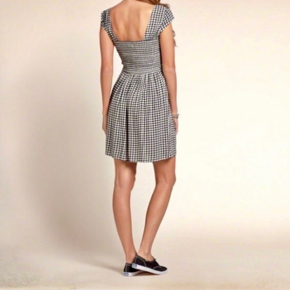 Hollister Gingham Dress small black white checkered cutout tie bow smocked - Picture 2 of 8